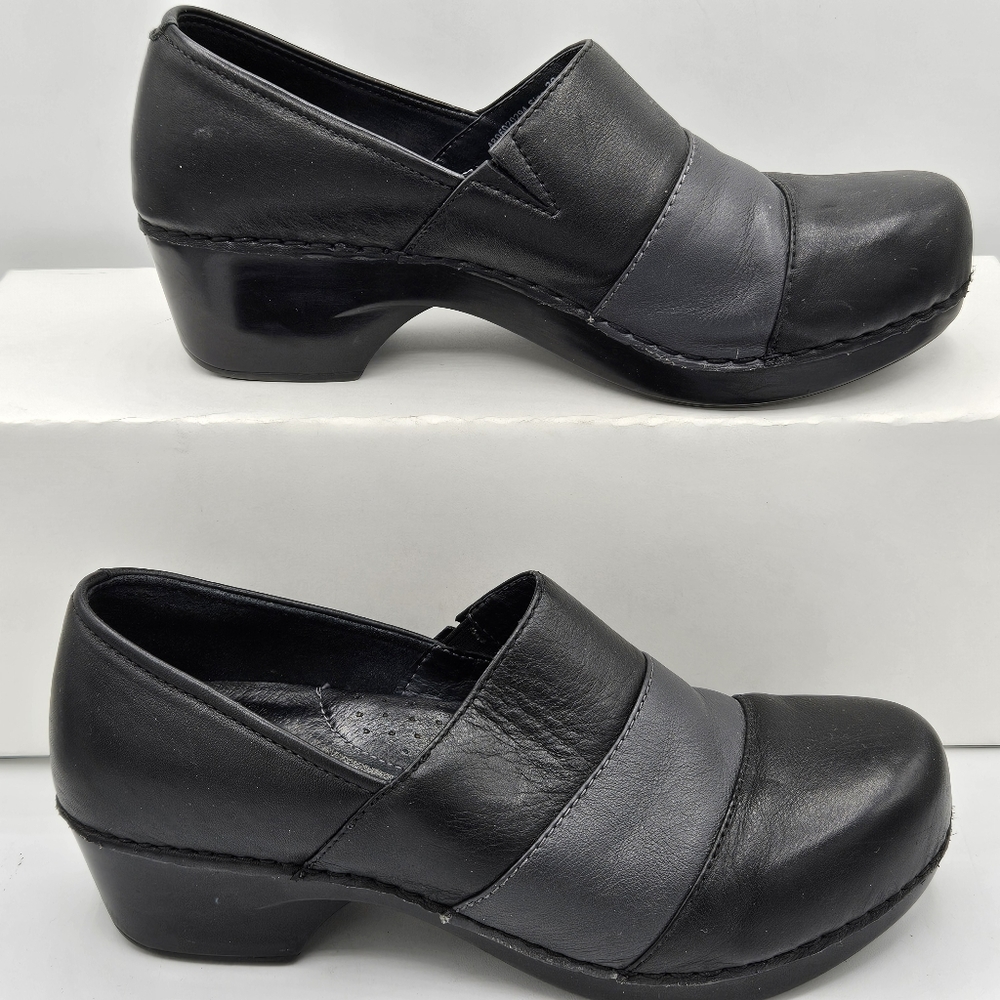 Dansko Tenley black gray leather slipon clogs size 38 US 7.5/8 w/a 2" heel